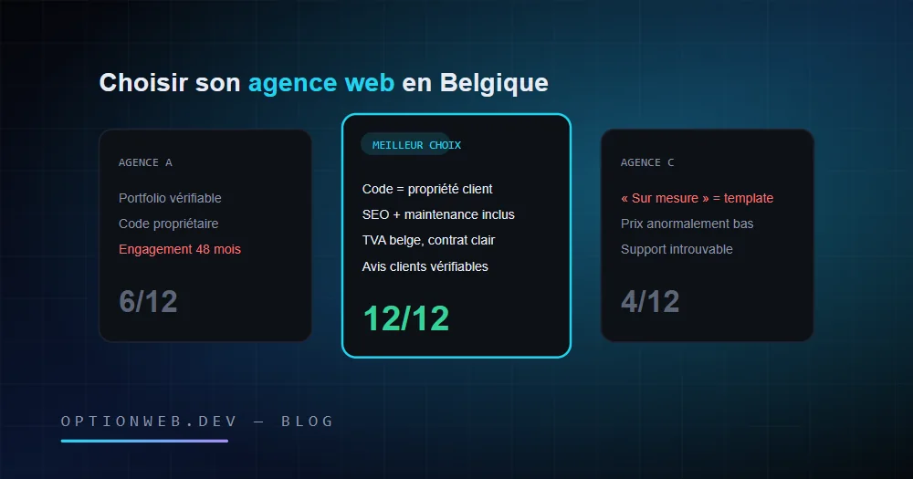 Tabelë përzgjedhjeje që krahason disa agjenci web belge sipas 12 kritereve objektive të zgjedhjes