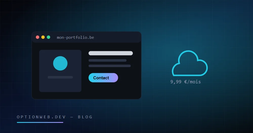 Freelancer belg përpara portofolit të tij online, me ikona serveri, dry SSL dhe zarf email-i profesional
