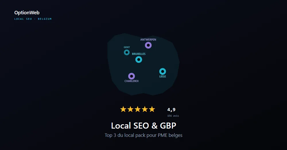 Hartë e Belgjikës me shenjuesit Google Business Profile dhe yje vlerësimesh